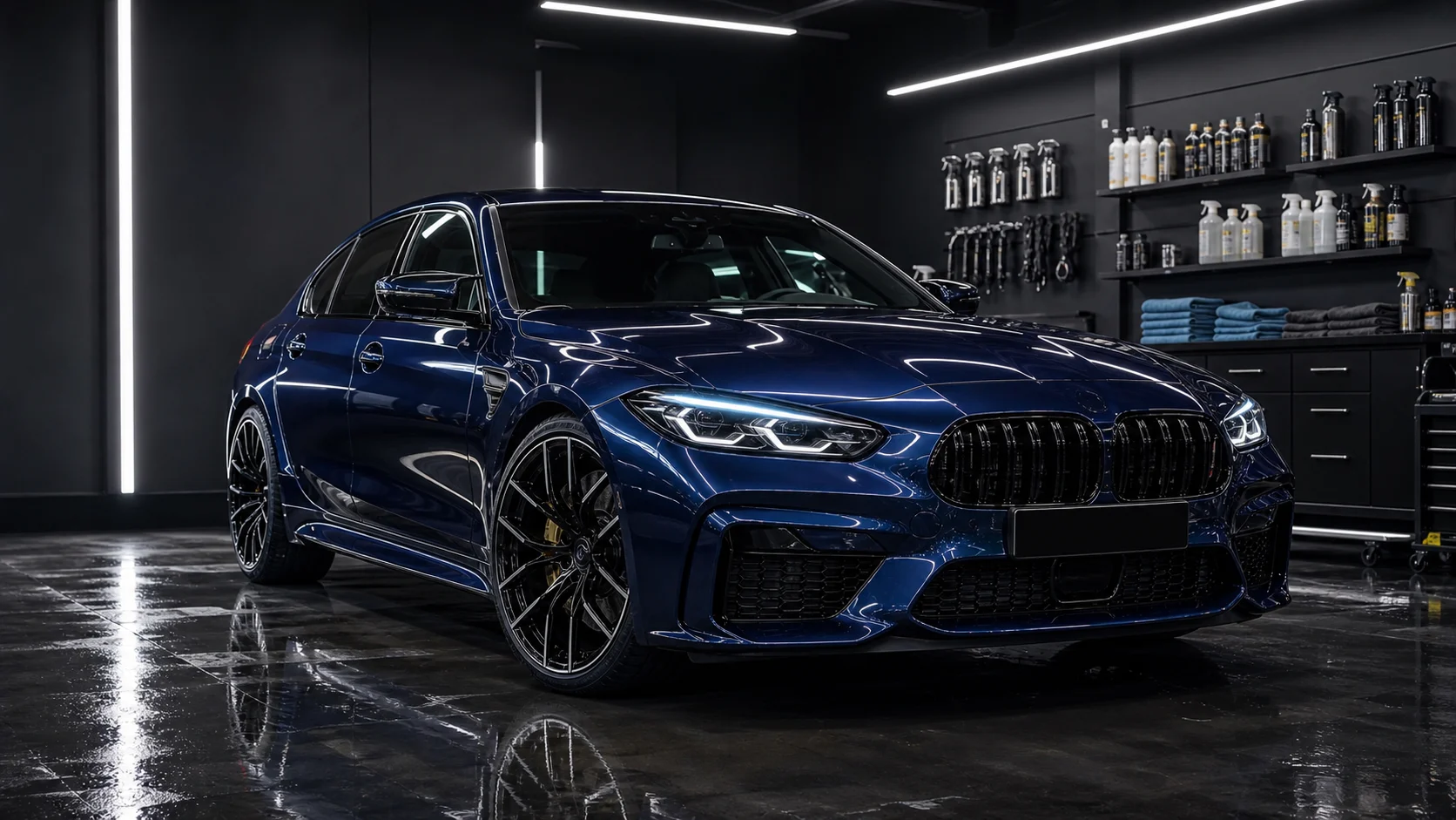 BMW po detailingu w ciemnym studiu