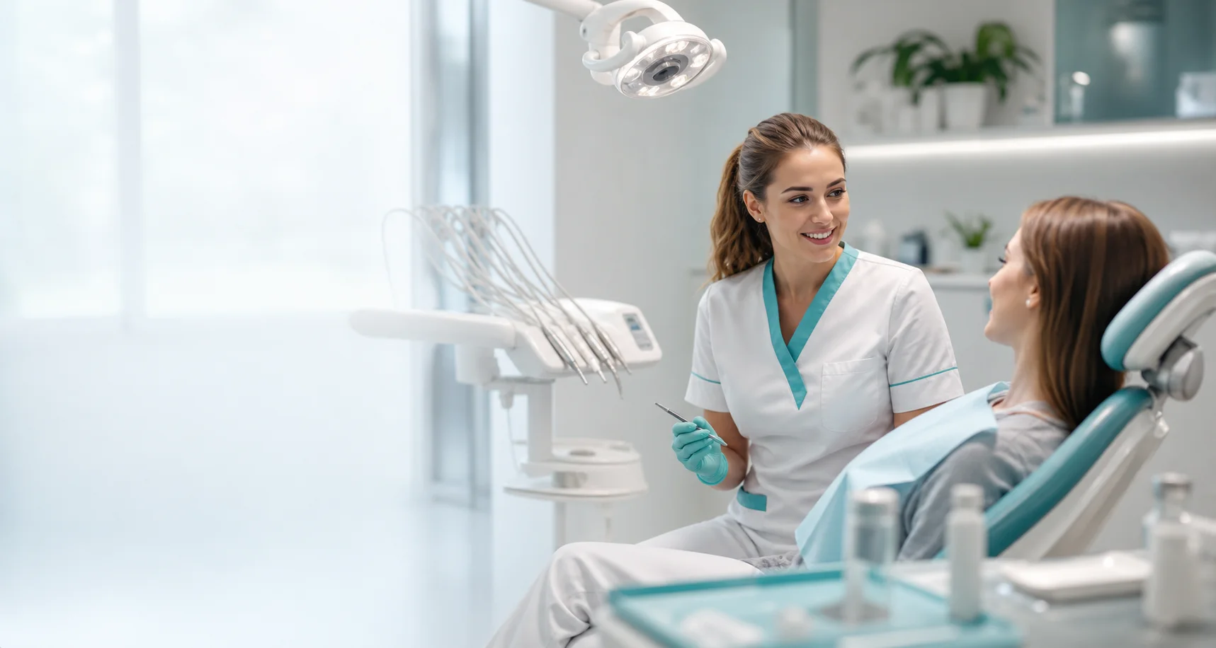 Dentystka rozmawia z pacjentką w jasnym gabinecie